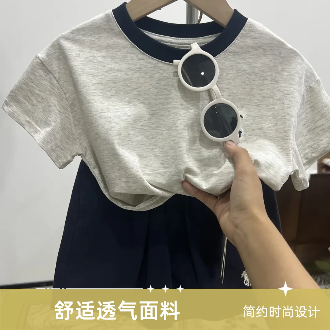 【L5392】儿童夏季冰瓷棉刺绣圆领短袖韩版宽松百搭萌娃穿搭