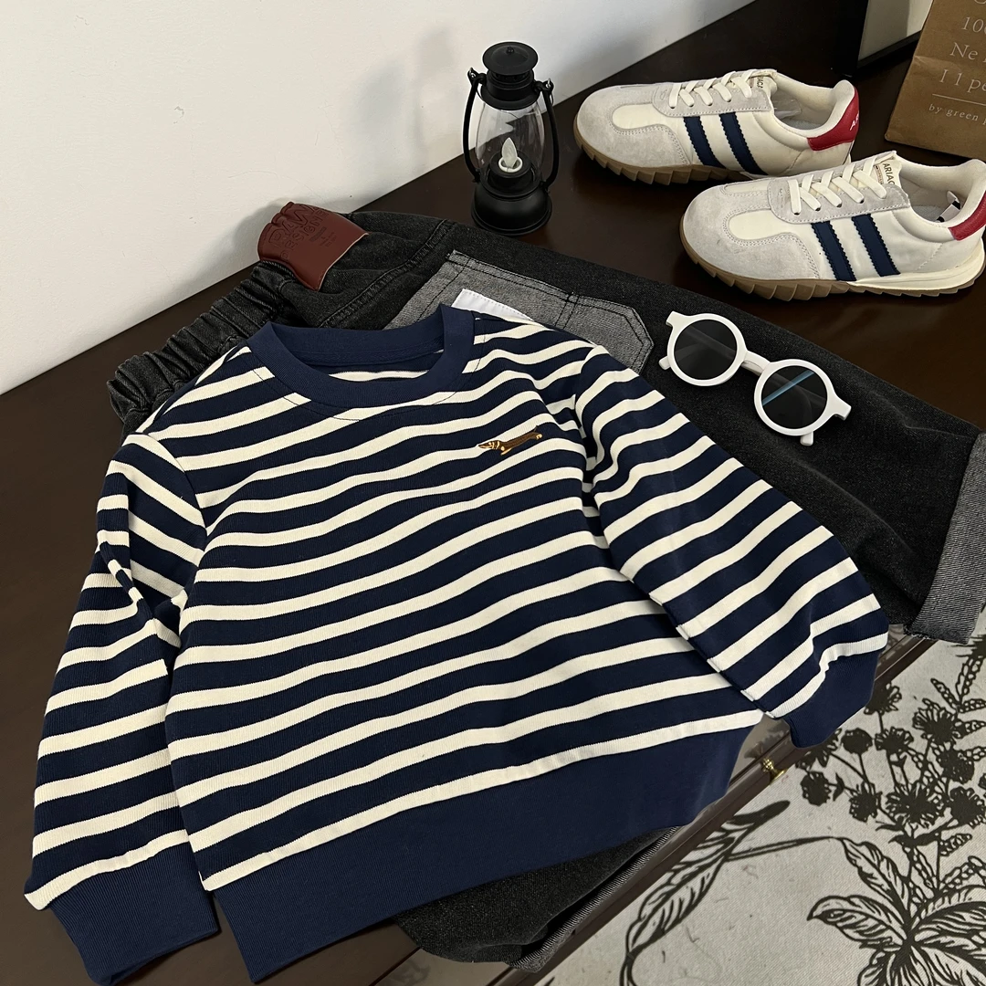 【WD194腊肠狗】秋季萌娃省心穿搭韩版圆领长袖条纹色刺绣套头上衣