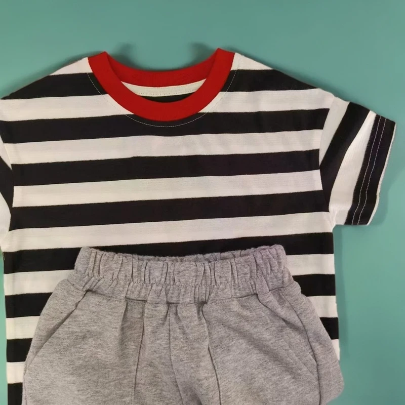 【WD066黑白提花】萌娃穿搭男女童时尚休闲夏季圆领绣花短袖T恤