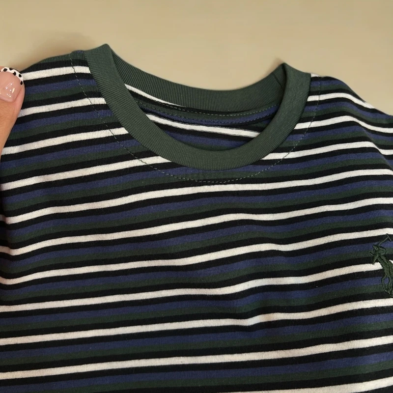 【WD083军绿蓝条】萌娃穿搭男童时尚休闲夏季圆领绣花条纹短袖T恤