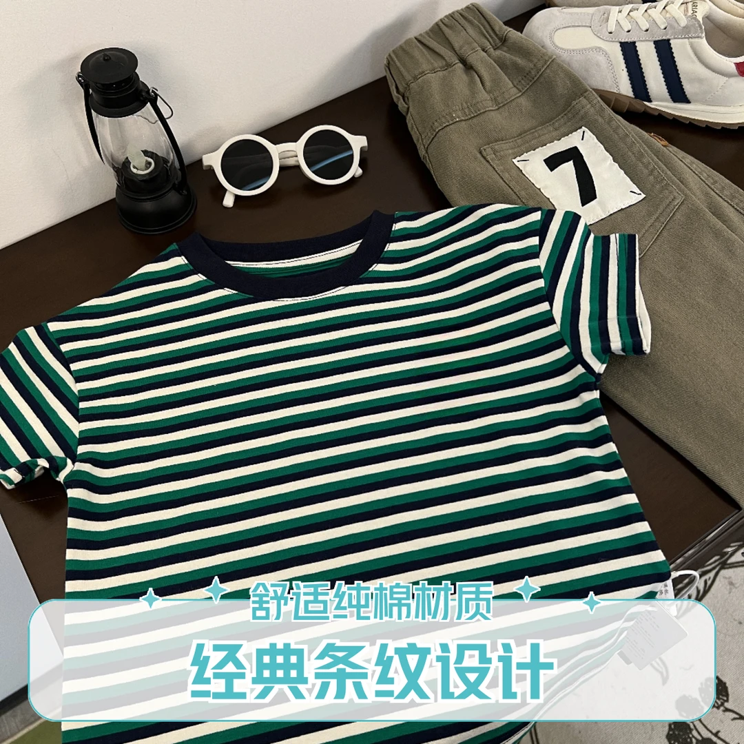 【T40】WD001儿童夏季条纹休闲圆领短袖韩版宽松百搭萌娃穿搭