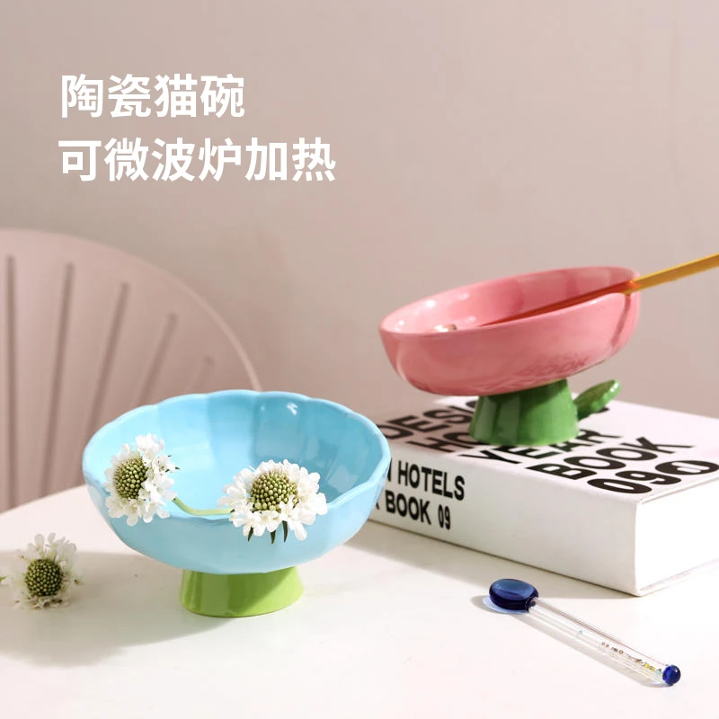 陶瓷猫碗增高护颈斜口防打翻防黑下巴猫食盆饮水碗家用斜口碗创意