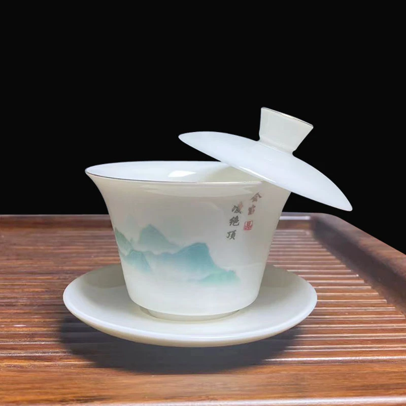 羊脂玉瓷三才盖碗可悬停泡茶白瓷单个悬浮敬茶杯陶瓷功夫茶具盖碗