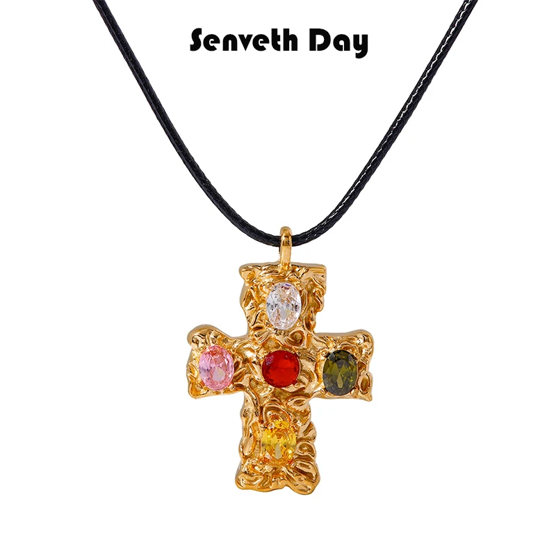 Senveth Day 铜合金项链 多彩虹光十字项链欧美古法镶钻时尚简约