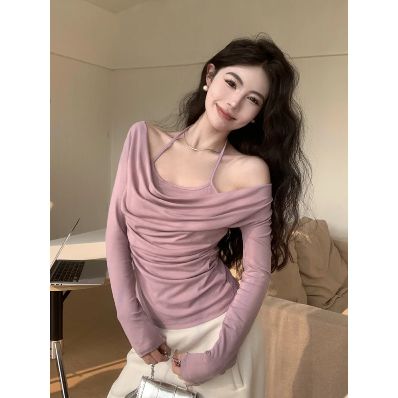 纯欲风挂脖荡领内搭打底衫拼接假两件长袖T恤女修身显瘦短款上衣