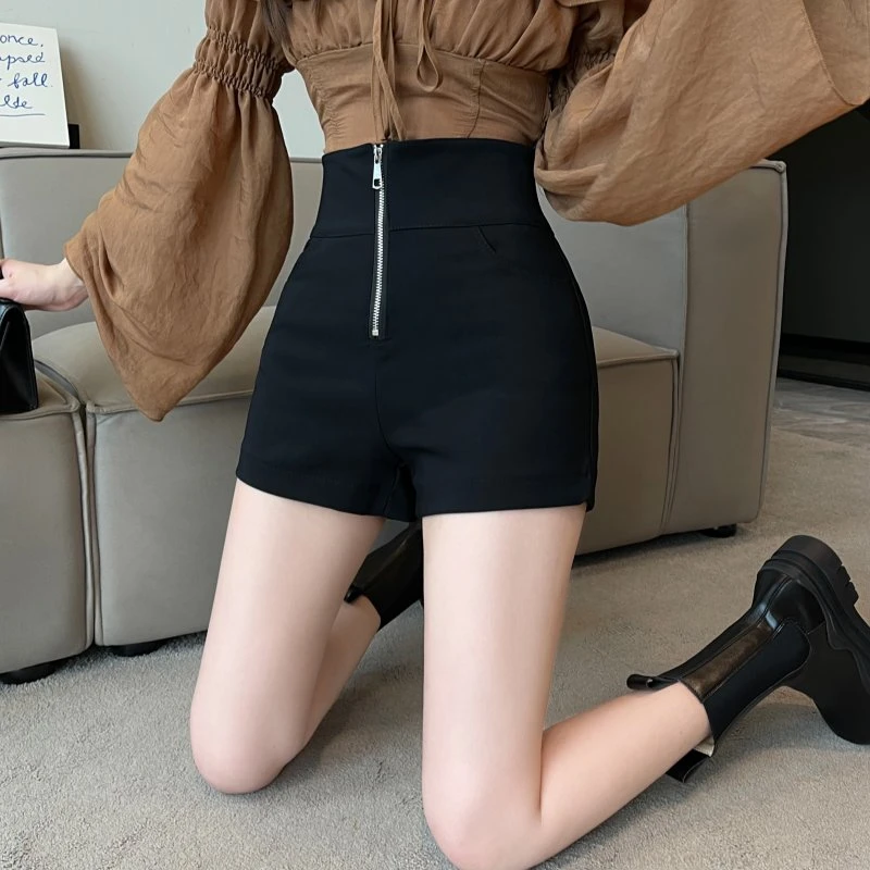 夏季新款设计感小众高腰拉链紧身黑色热裤百搭显瘦辣妹外穿短裤女