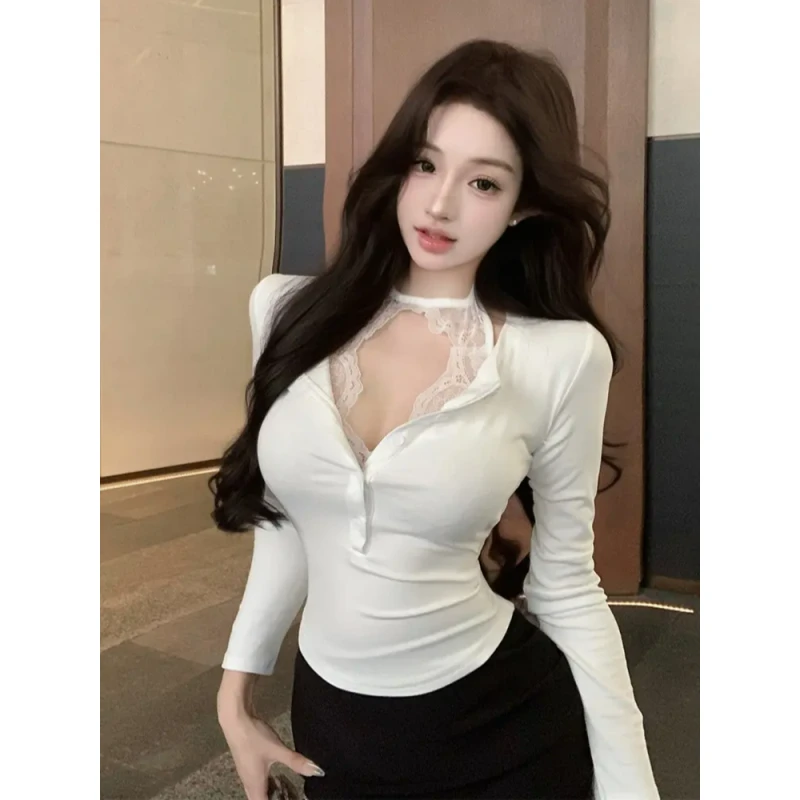 设计感小众假两件蕾丝挂脖长袖T恤纯欲风辣妹修身显瘦短款上衣女