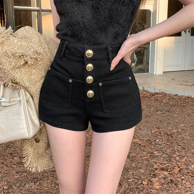 秋冬新款设计感加绒排扣修身短裤高腰显瘦包臀裤子外穿辣妹热裤女