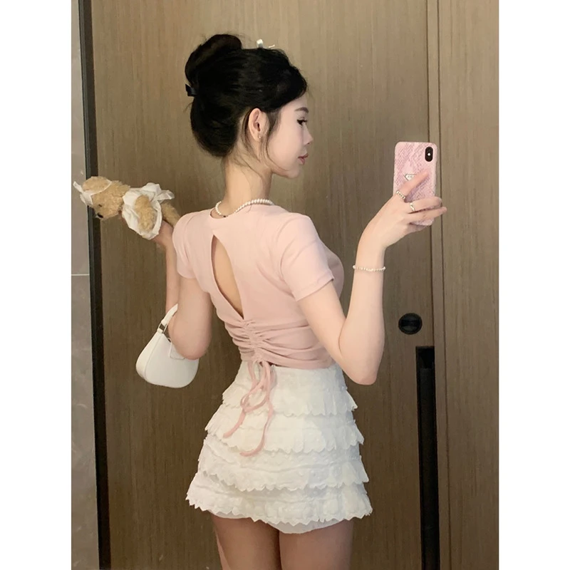 百搭修身显瘦正肩圆领短袖T恤女别致设计感后背镂空抽绳短款上衣