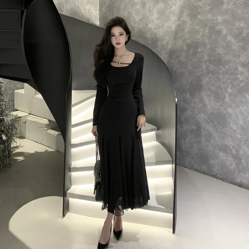 法式高级感复古气质显瘦长袖连衣裙女御姐风网纱拼接鱼尾包臀裙子