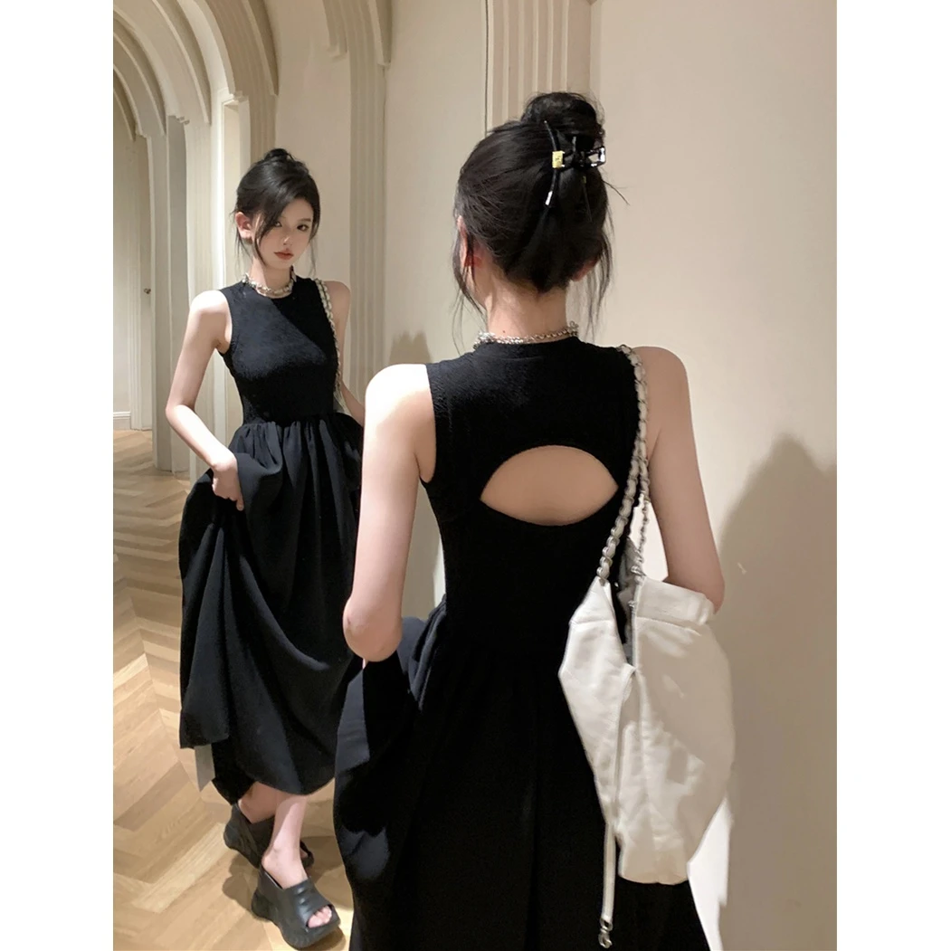 夏季新款法式设计高级感气质无袖连衣裙女收腰显瘦后背镂空长裙子