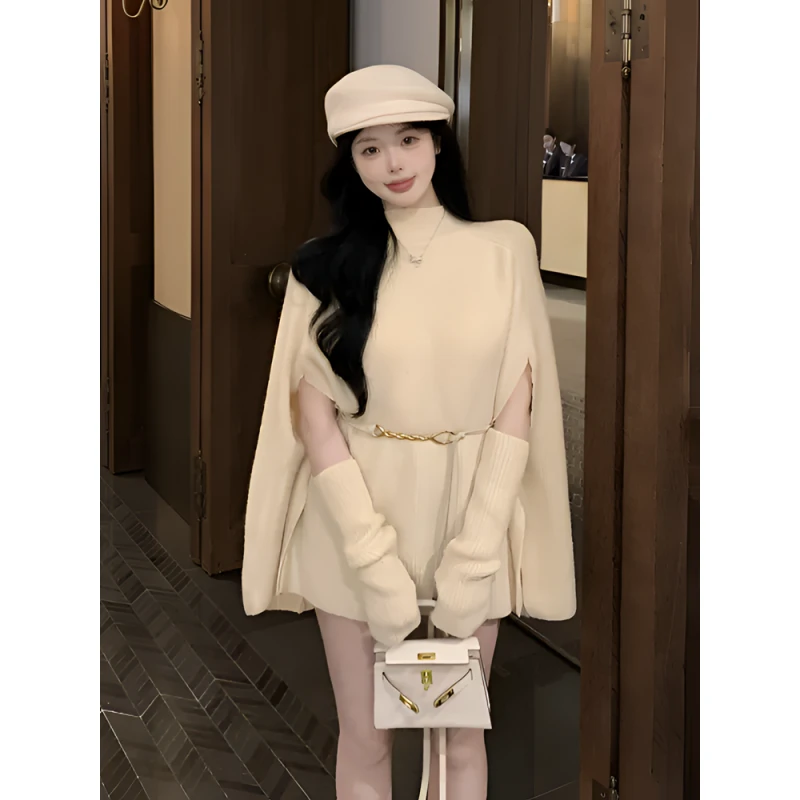 法式复古高级感遮肉半高领宽松秋冬配袖套腰带针织毛衣斗篷外套女