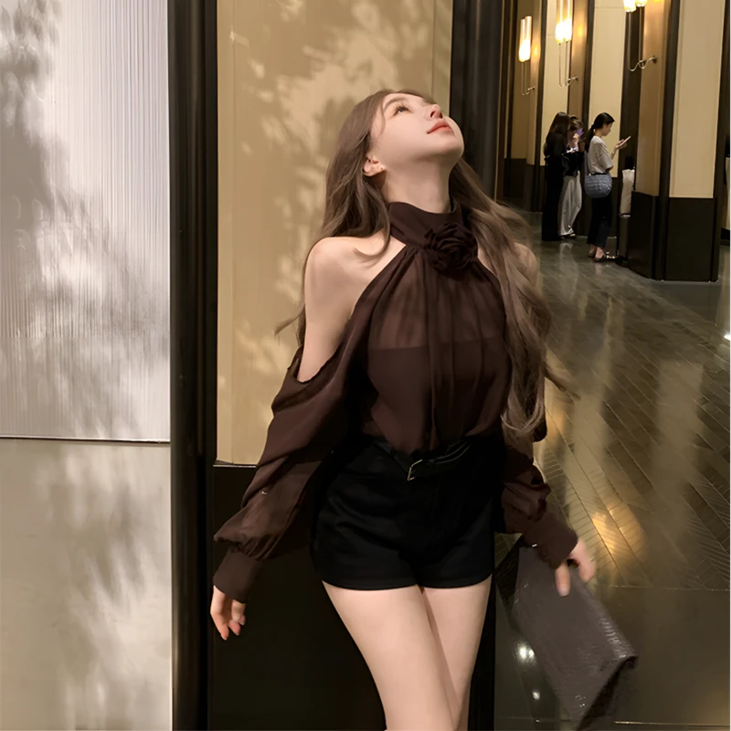 纯欲风辣妹性感微透雪纺露肩长袖衬衫女设计感小众挂脖上衣配裹胸