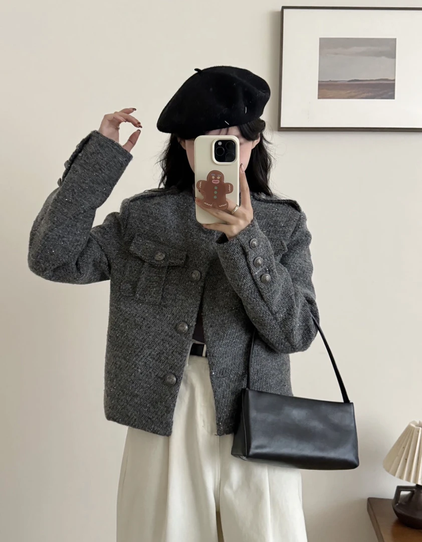 小香风粗花呢西装短外套女秋季法式高级感灰色宽松气质名媛上衣