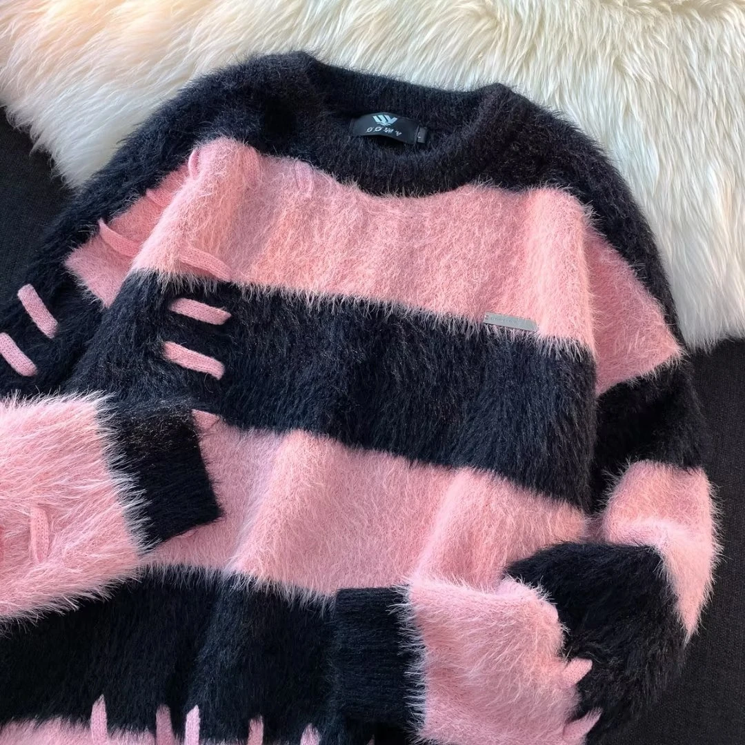 复古条纹小众设计感毛绒绒毛衣男女ins慵懒风情侣针织上衣