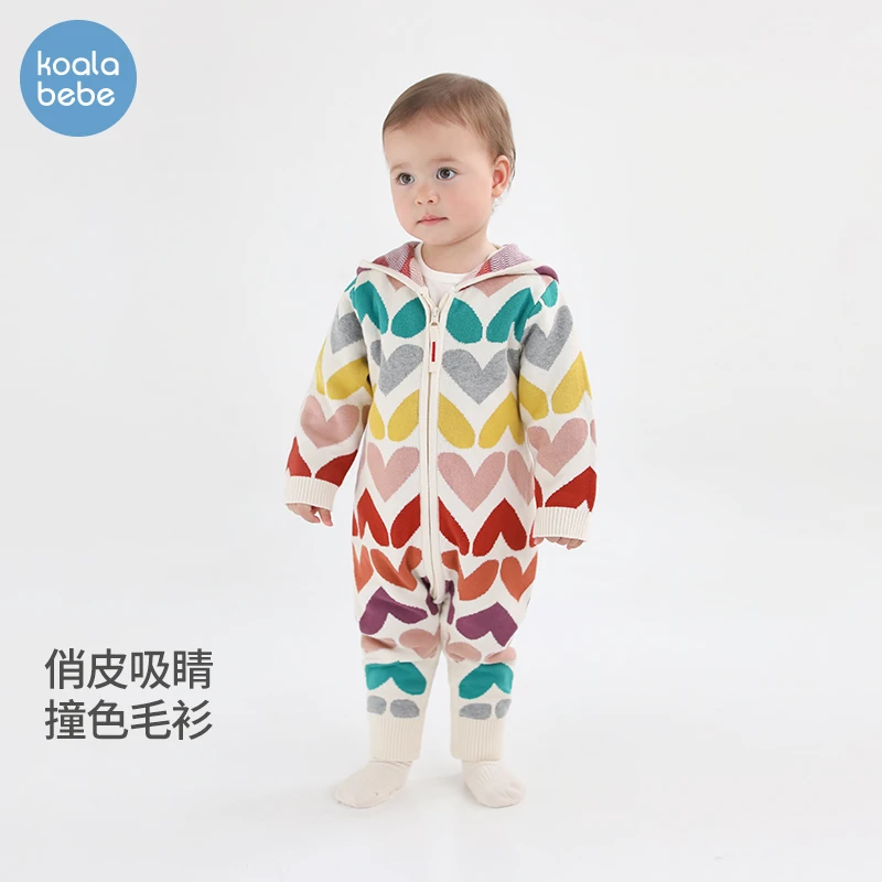 考拉鼻鼻婴儿针织连帽连体衣春秋季毛衣宝宝外出哈衣爬服七彩爱心