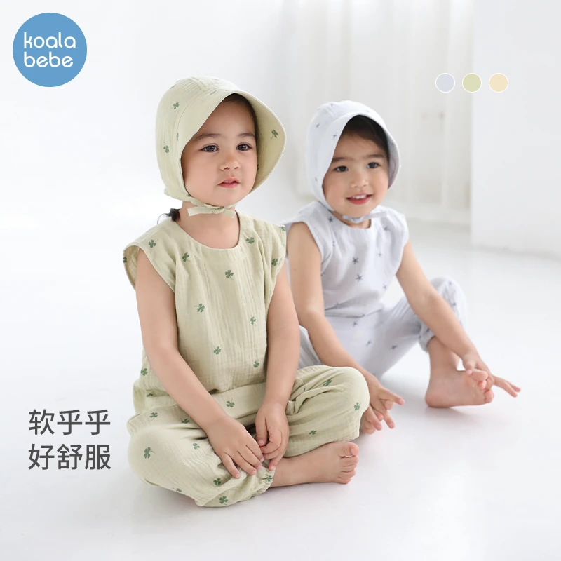 考拉鼻鼻婴幼儿背心夏季薄款男女宝宝无袖t恤贴身上衣印花皱皱纱
