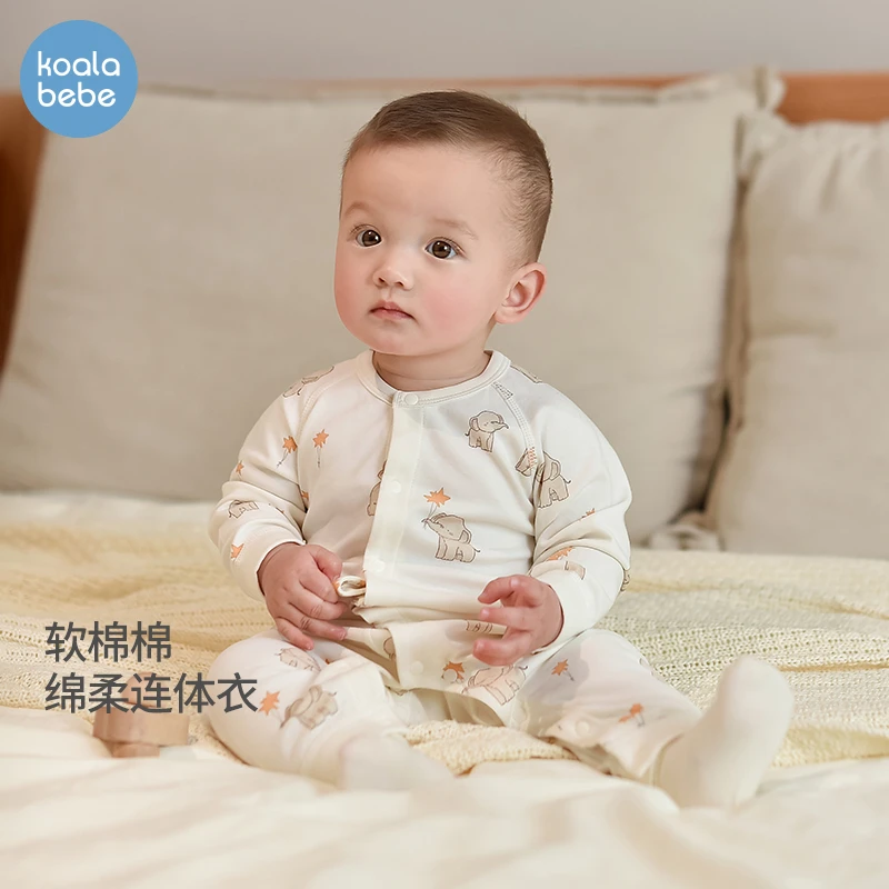 考拉鼻鼻宝宝连体衣春秋新款婴儿长袖睡衣外出哈衣爬服星星小象