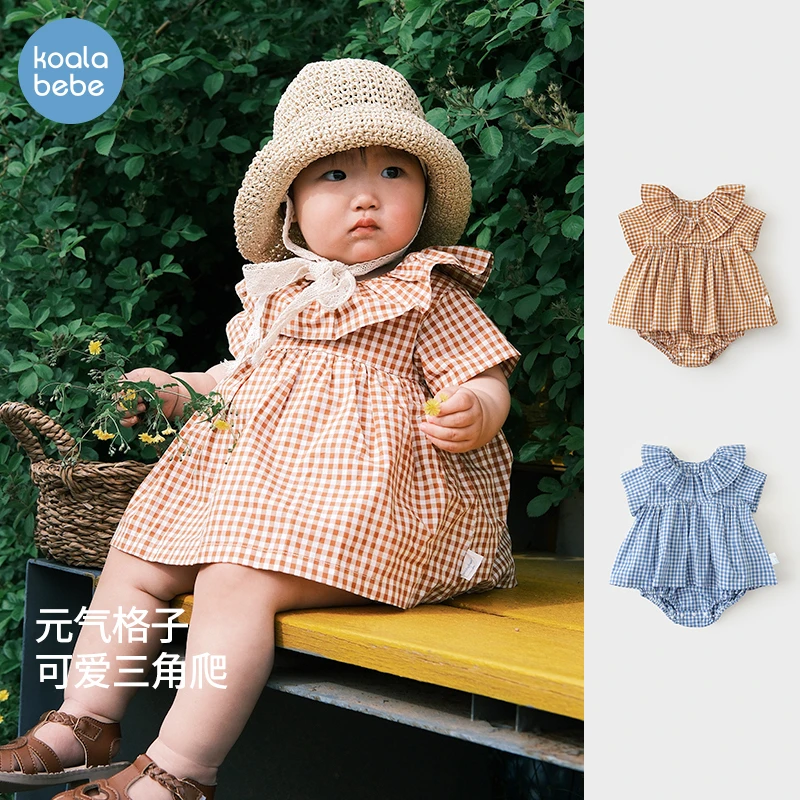 考拉鼻鼻[轻柔纯棉·宽松薄款]女宝宝跳跳格子休闲短袖包屁衣