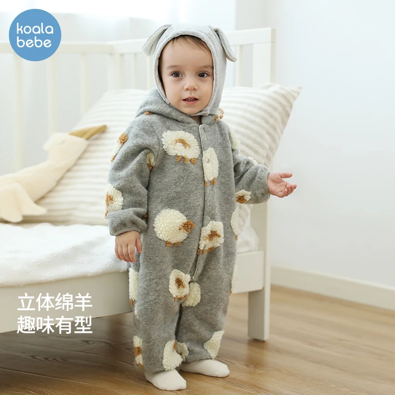考拉鼻鼻婴幼儿立体绵羊宝宝衣服秋冬季加厚保暖连帽连体衣棉服