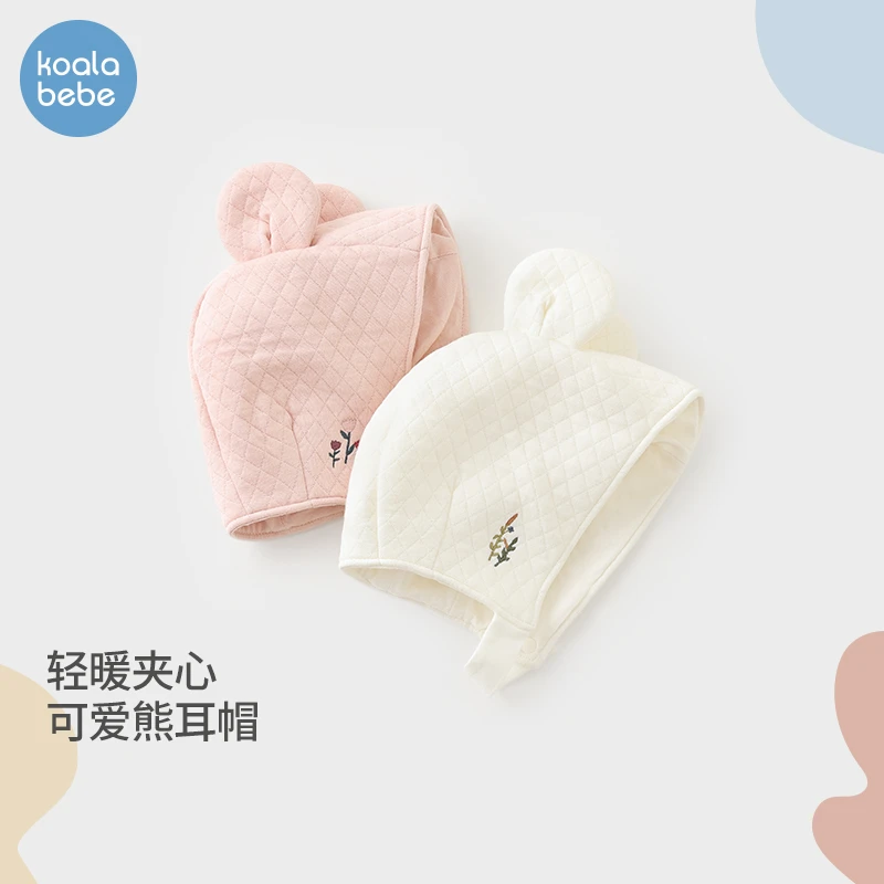 考拉鼻鼻婴儿帽子秋冬夹棉护头帽宝宝加棉保暖可爱防护帽口袋花园