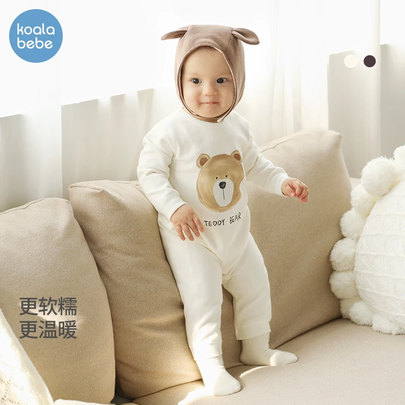 考拉鼻鼻婴儿长袖连体衣春秋季宝宝外出哈衣爬服新款衣服白猫棕熊