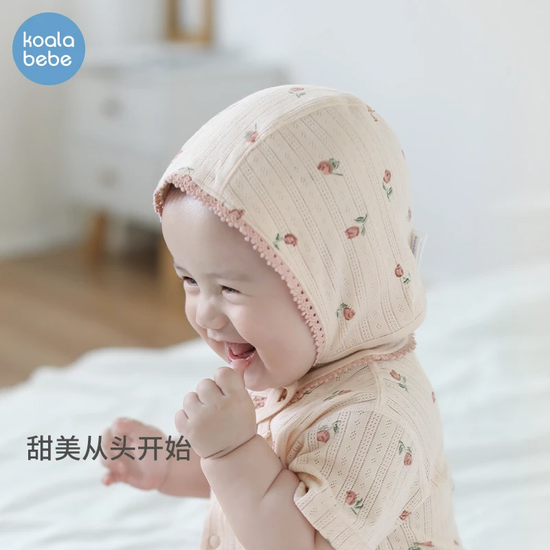 考拉鼻鼻女宝宝帽子夏薄款纯棉胎帽婴儿可爱护囟门包头帽粉甜花花