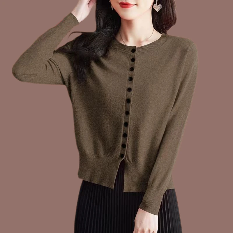 短款针织新款上衣圆领百搭针织小开衫外套女纯色长袖毛衣休闲女士