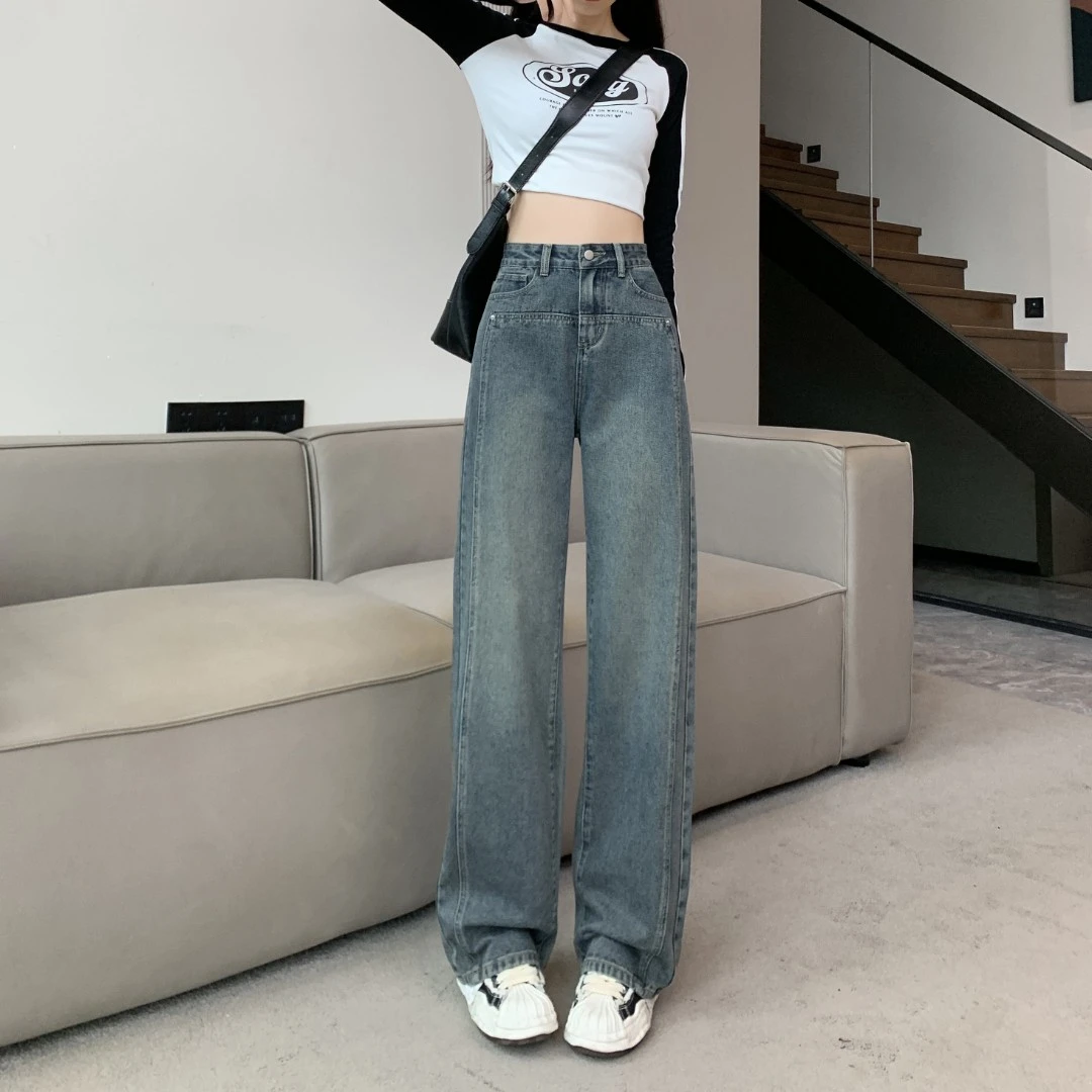 港风复古阔腿牛仔裤女秋季2023年新款高腰宽松显瘦直筒拖地裤子潮