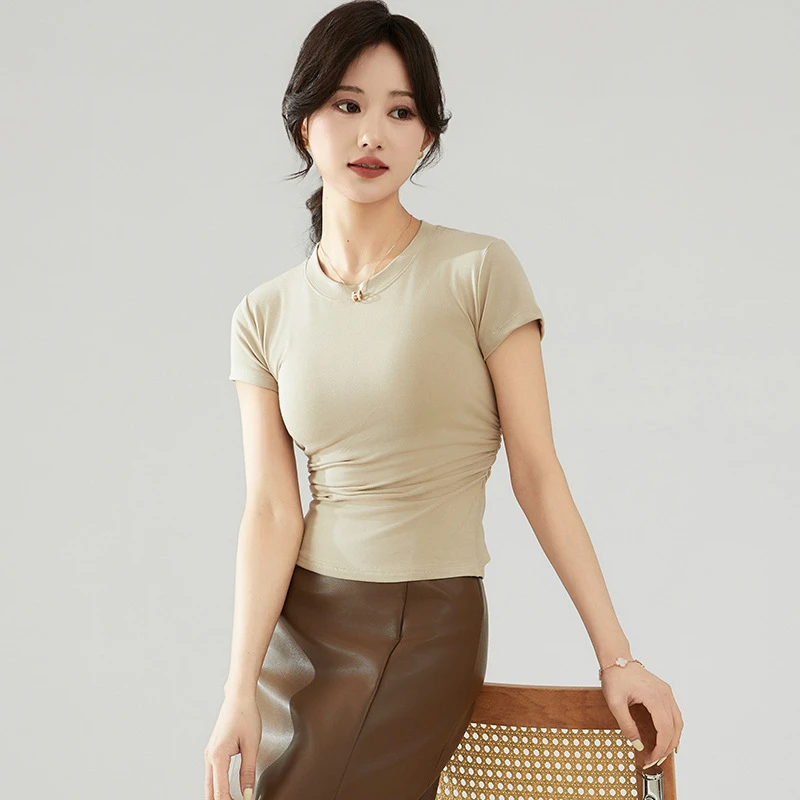 爆款设计感褶皱收腰圆领短袖t恤女春夏甜美辣妹打底显瘦时尚上衣