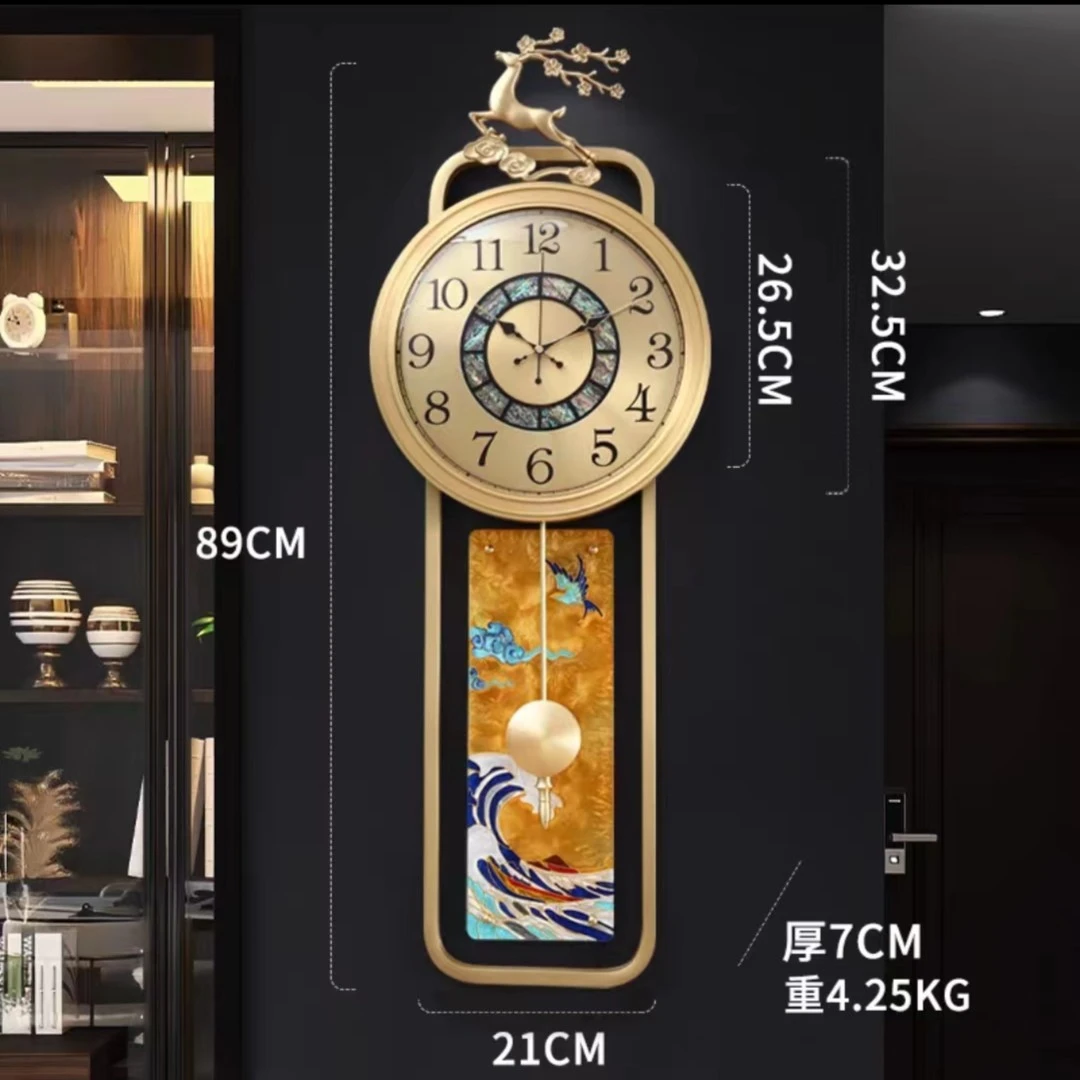 马可可家轻奢创意国风静音客厅家用大气挂表浮世绘海浪珐琅彩挂钟