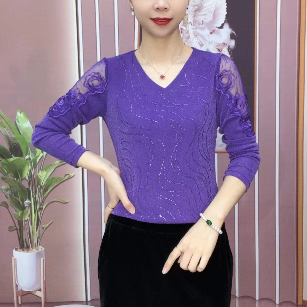 2025款早春新款时尚洋气气质显瘦蕾丝水波钻百搭V领弹力长袖7276