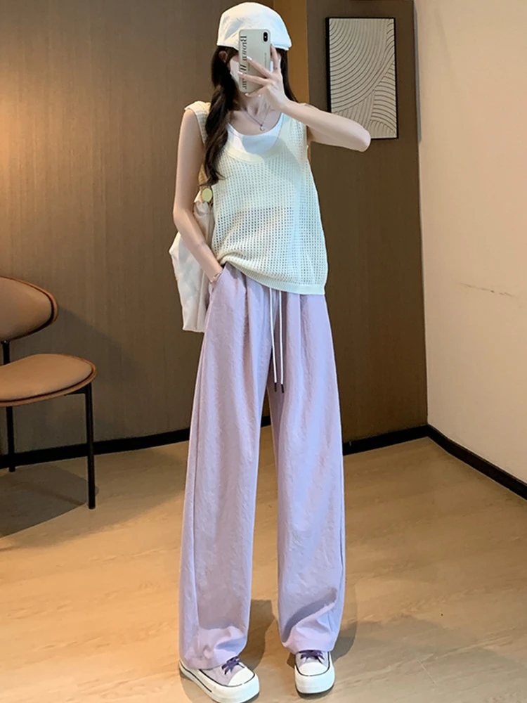 紫色运动阔腿裤女夏季薄款高腰垂感宽松小个子休闲香蕉弯刀裤