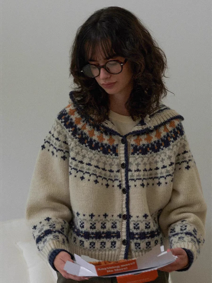 费尔岛风连帽毛衣女秋冬复古宽松针织开衫外套