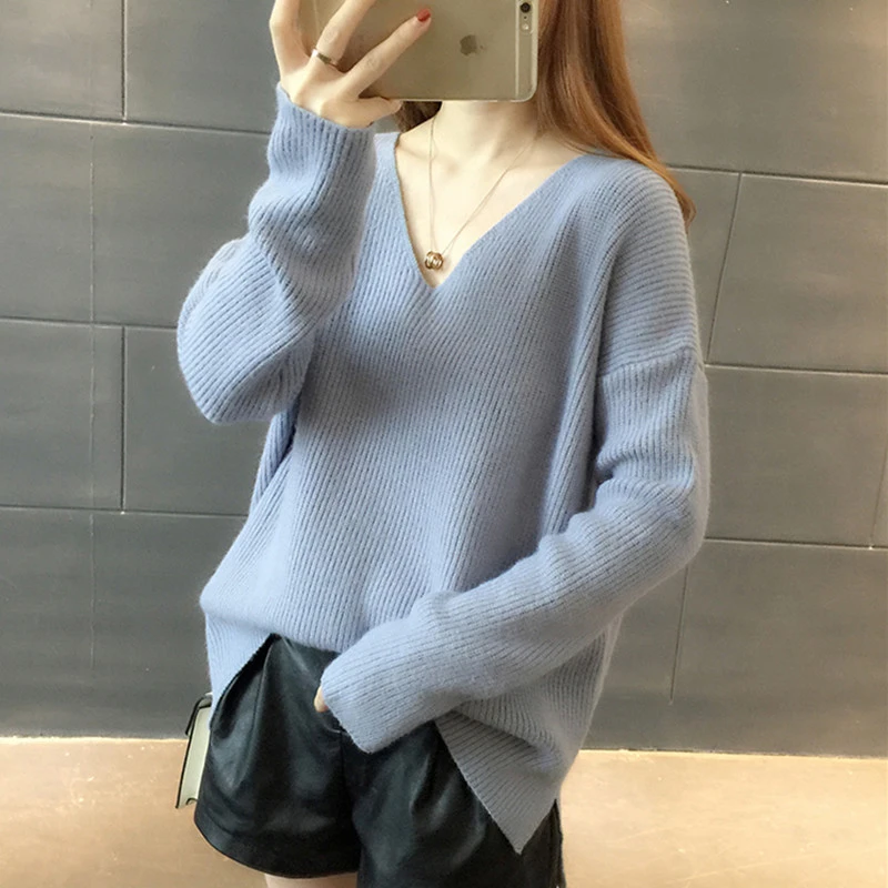 大码女装胖妹妹秋冬v领针织上衣百搭显瘦遮肚胖mm200斤打底衫毛衣