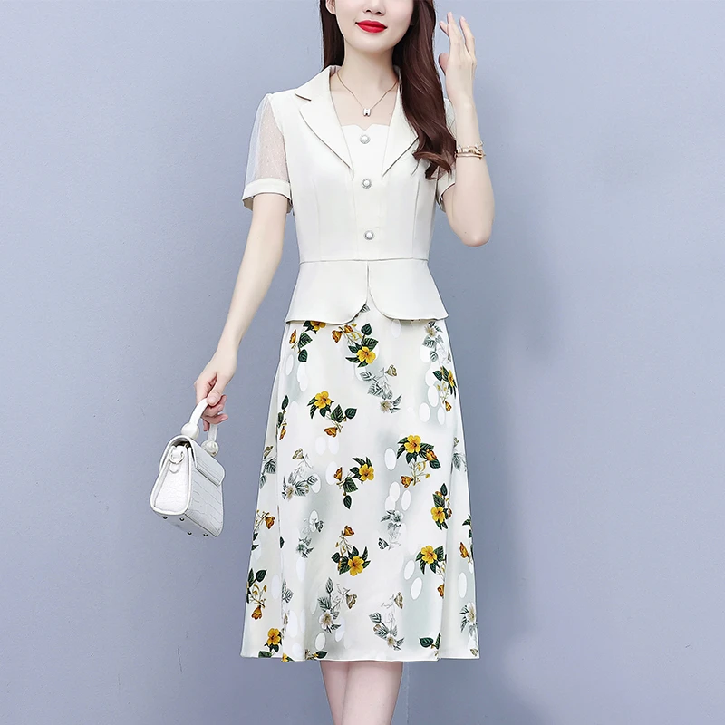 假两件拼接时尚印花夏季新款潮流显瘦甜美方领名媛A字连衣裙女