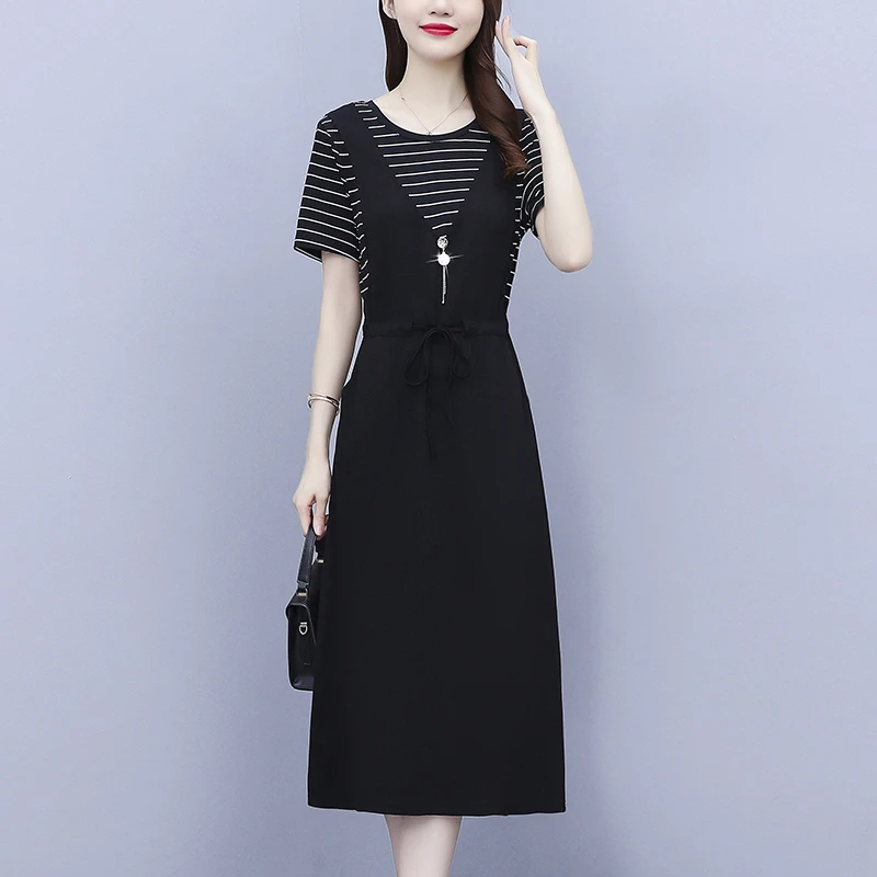 妈妈装2024新款条纹拼接修身显瘦休闲长裙拼接假两件套连衣裙