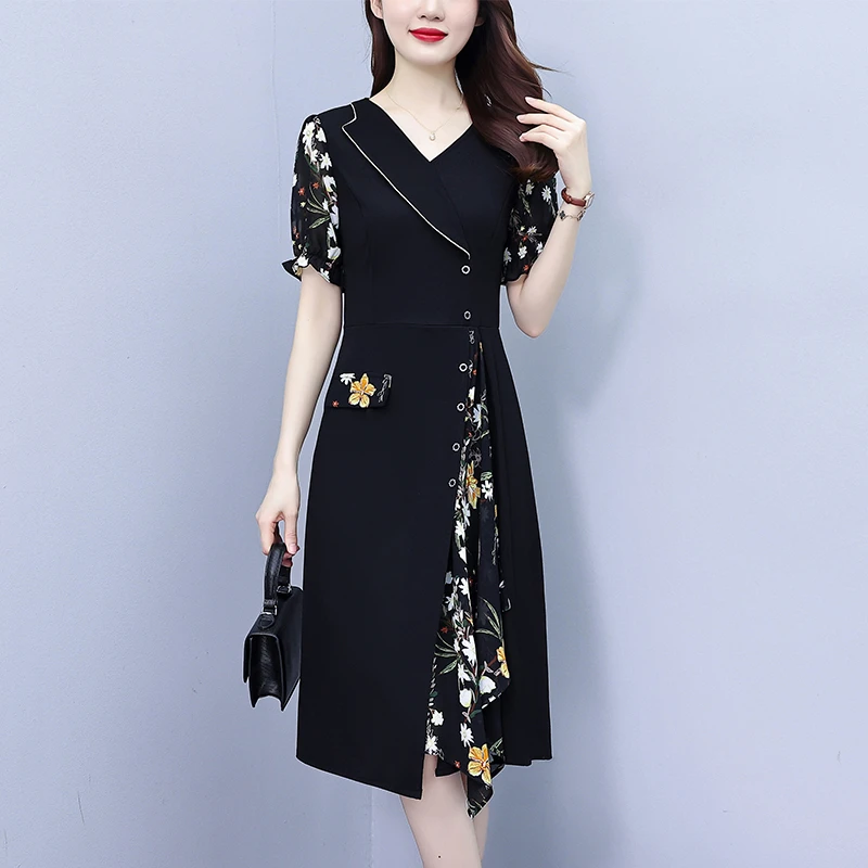大码女装2024夏季新款胖mm西装领雪纺碎花拼接时尚中年遮肚连衣裙