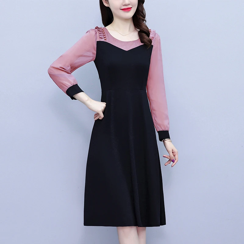 中年妈妈大码女装胖mm阔太太撞色拼接气质假两件修身长袖连衣裙
