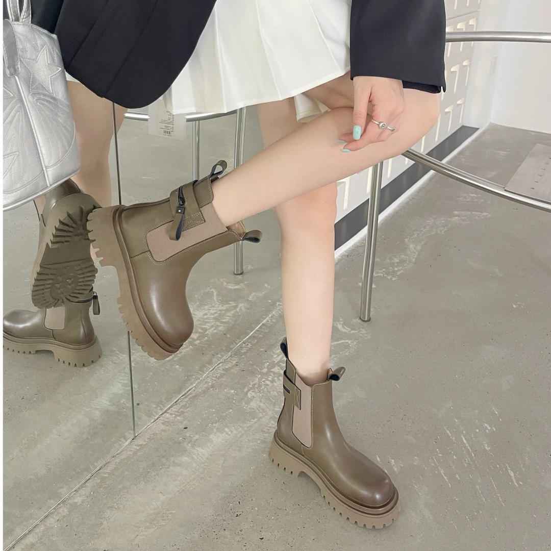 网红秋季靴子女2024真皮显脚小百搭炸街短靴厚底烟筒靴S08  608-7