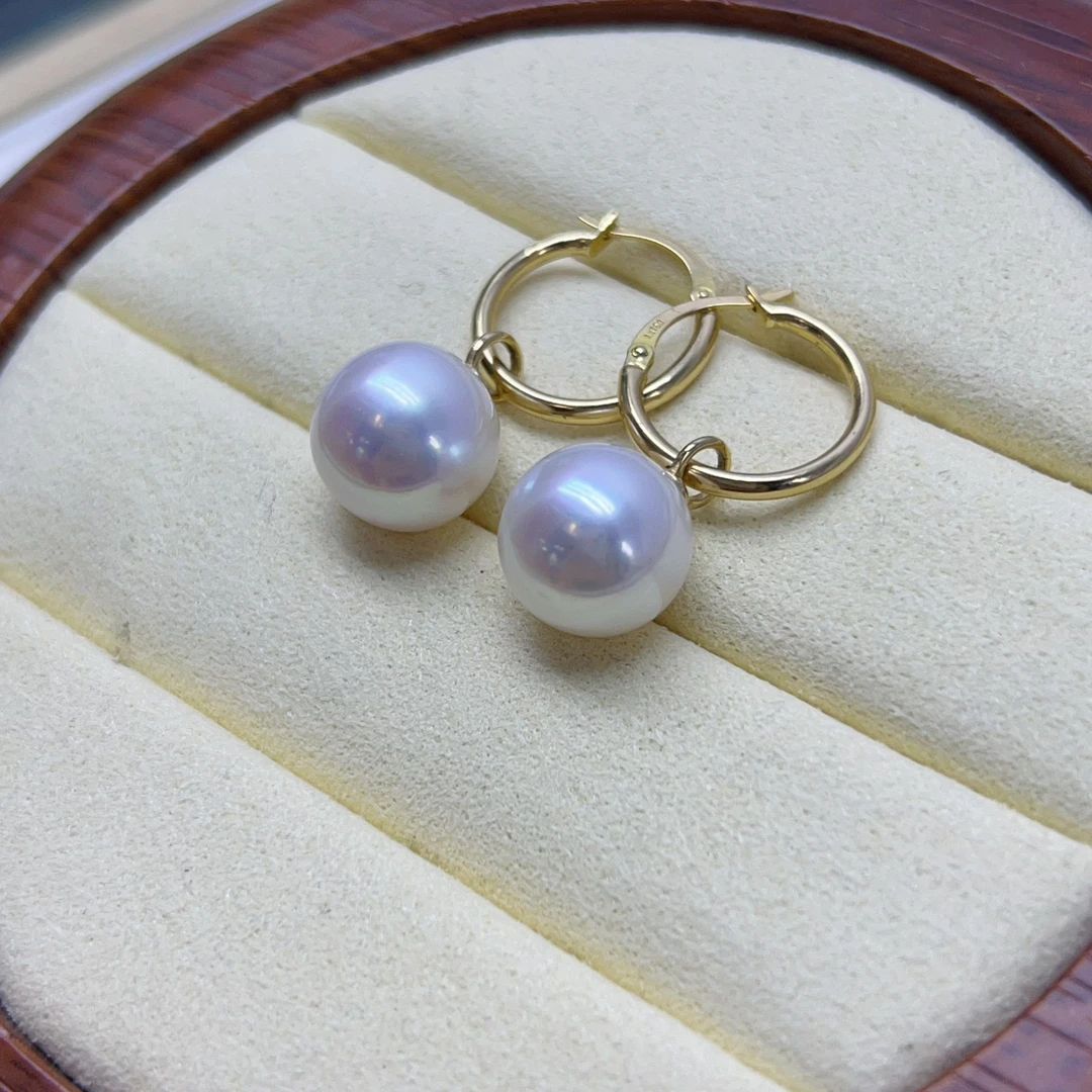 天然淡水珍珠耳饰 18k金 两用款气质白色轻奢10-11mm 正圆无暇