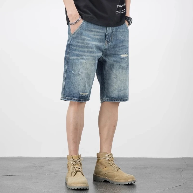 夏季薄款破洞牛仔短裤男潮牌宽松五分裤休闲大码中裤浅色马裤半裤