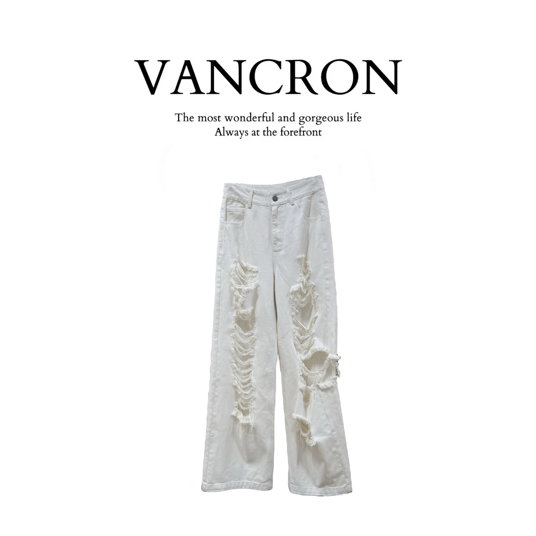 Van Cron/梵克龙破洞牛仔裤白色裤子阔腿裤休闲裤时尚长裤百搭新k