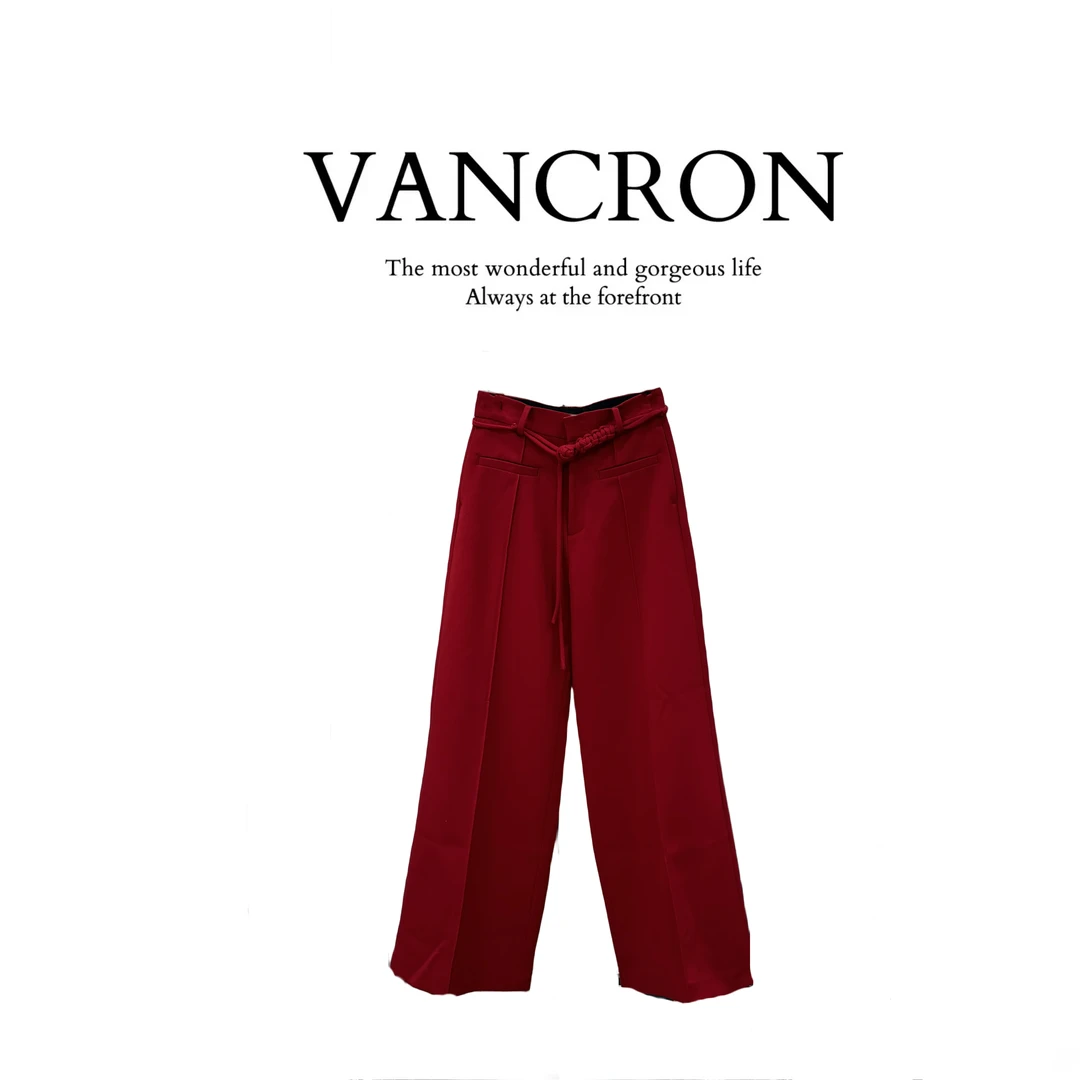 Van Cron/梵克龙新年红色西裤休闲阔腿裤时尚百搭显瘦春季纯色裤z