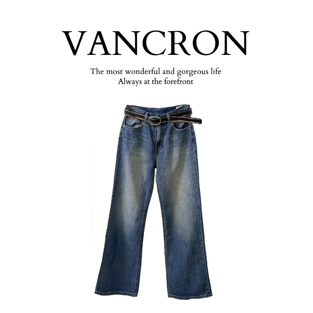 Van Cron/梵克龙2023新款显瘦宽松长裤百搭复古渐变水洗裤子蓝色