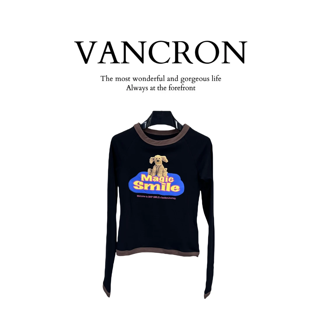 Van Cron/梵克龙小熊印花字母T恤长袖休闲潮流秋冬百搭显瘦修身cs