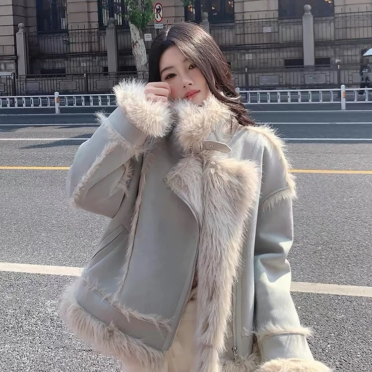n皮毛一体毛毛短外套2024新款仿皮毛一体女毛外套8081