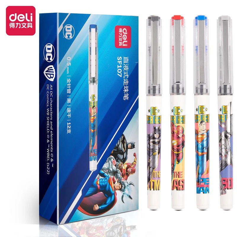 得力SF107【直液式/速干】正义联盟走珠笔0.5mm全针管炫酷卡通笔记