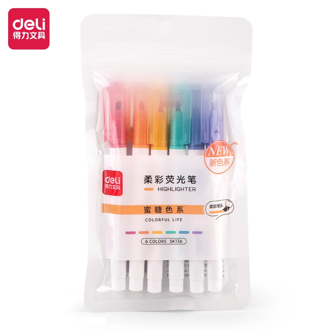 得力SK136软头柔彩荧光笔蜜糖色系(混)(6支/袋)