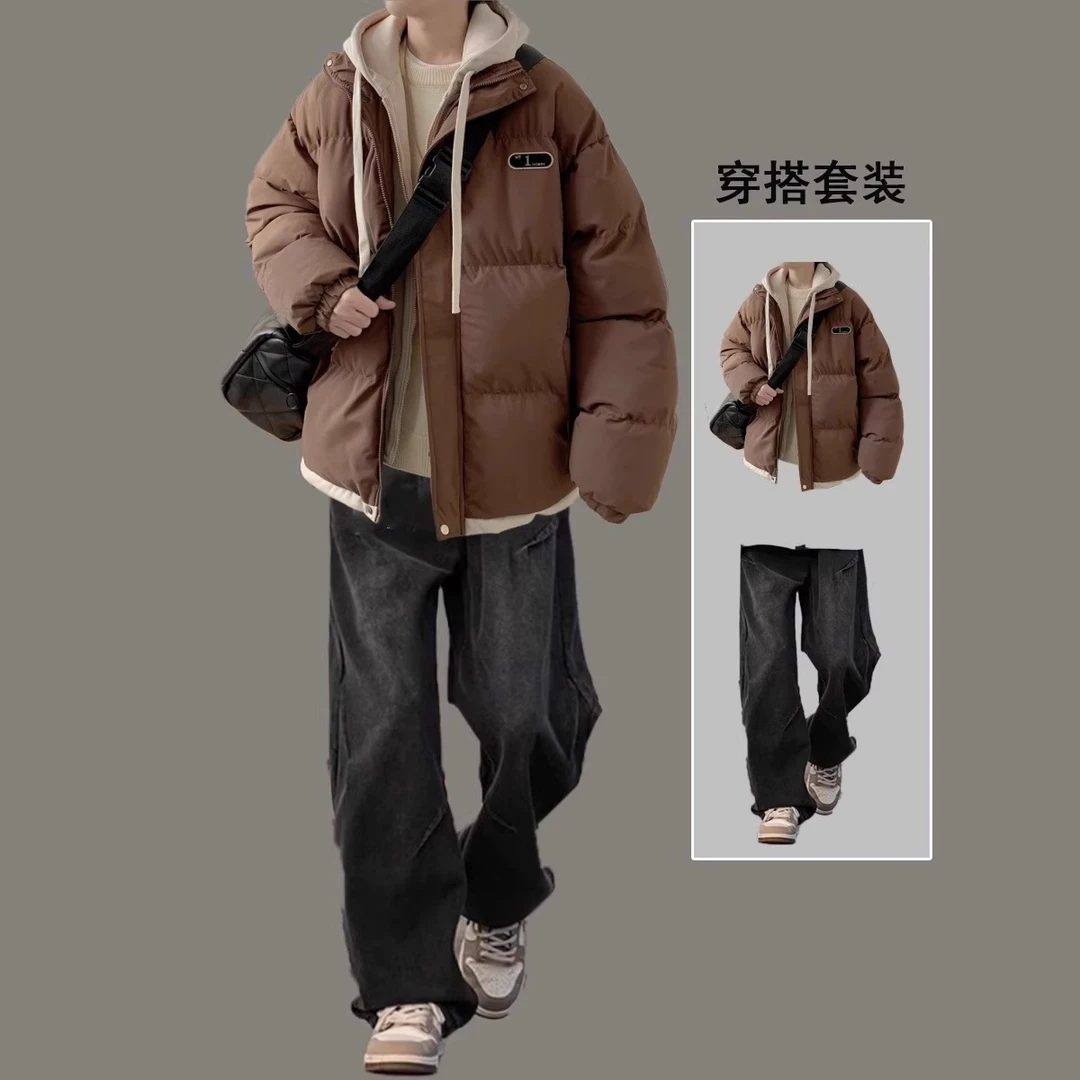 冬季加厚连帽棉服男保暖棉袄外套搭配男装牛仔裤一套棉衣两件套潮